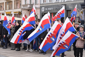 młodzież stoi z flagami z herbem Bydgoszczy