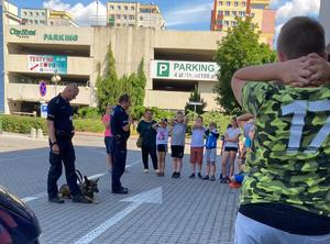 Policjanci z psami służbowym prowadzą zajęcia z dziećmi przed budynkiem Pałacu Młodzieży.