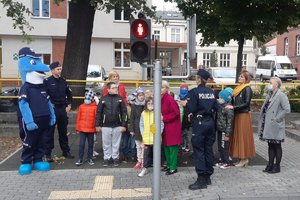 Uczniowie wraz z policjantami, Polfinkiem i wychowawcami stoją przy przejściu dla pieszych z sygnalizacją świetlną.
