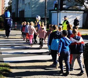 Dzieci pod okiem policjantów oraz maskotek pokonują przejście dla pieszych.
