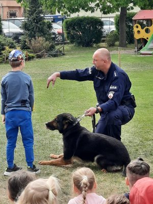 Policjant kuca przy siedzącym psie służbowym. Obok nich stoi chłopiec.